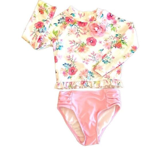 Little Me Floral Swimsuit 2 Piece Long Sleeve Rash guard Size 24 M - Picture 1 of 9